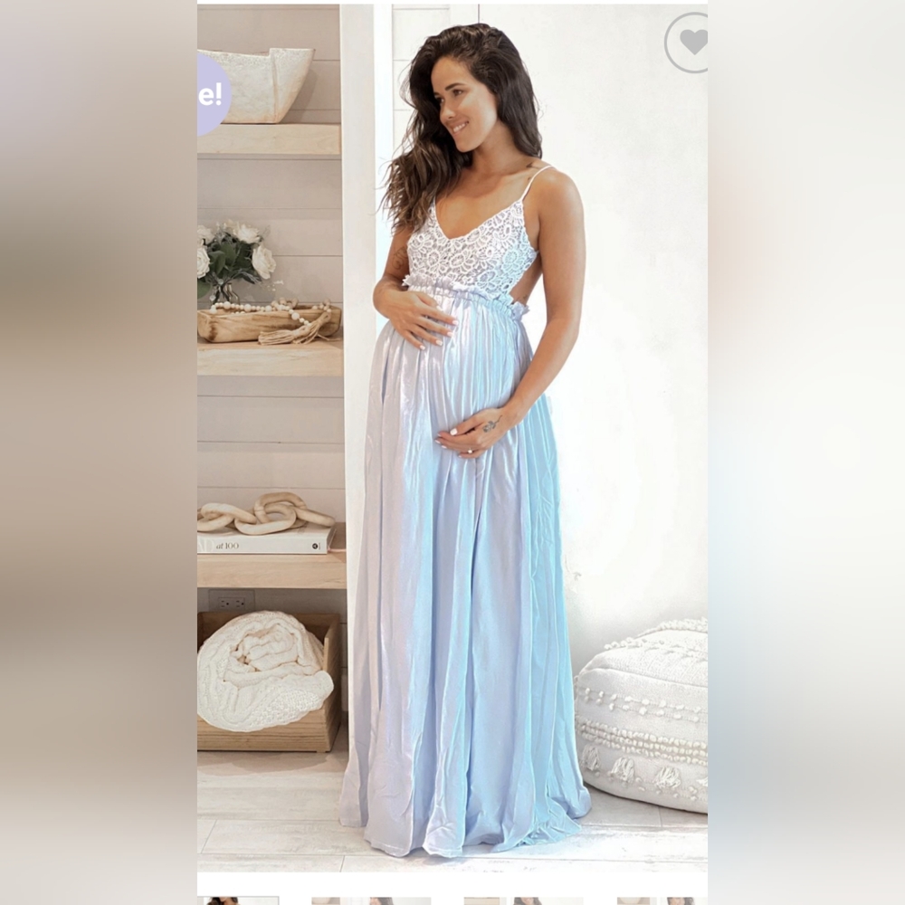 Light Blue Crochet Top Maternity Maxi Dress With Open Back Miss Avenue